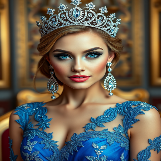 A gorgeous woman in a luxurious blue gown, accessorized with a dazzling tiara and statement earrings, her deep blue eyes highlighted by impeccable makeup, poised in a royal setting, photorealistic, 8K quality