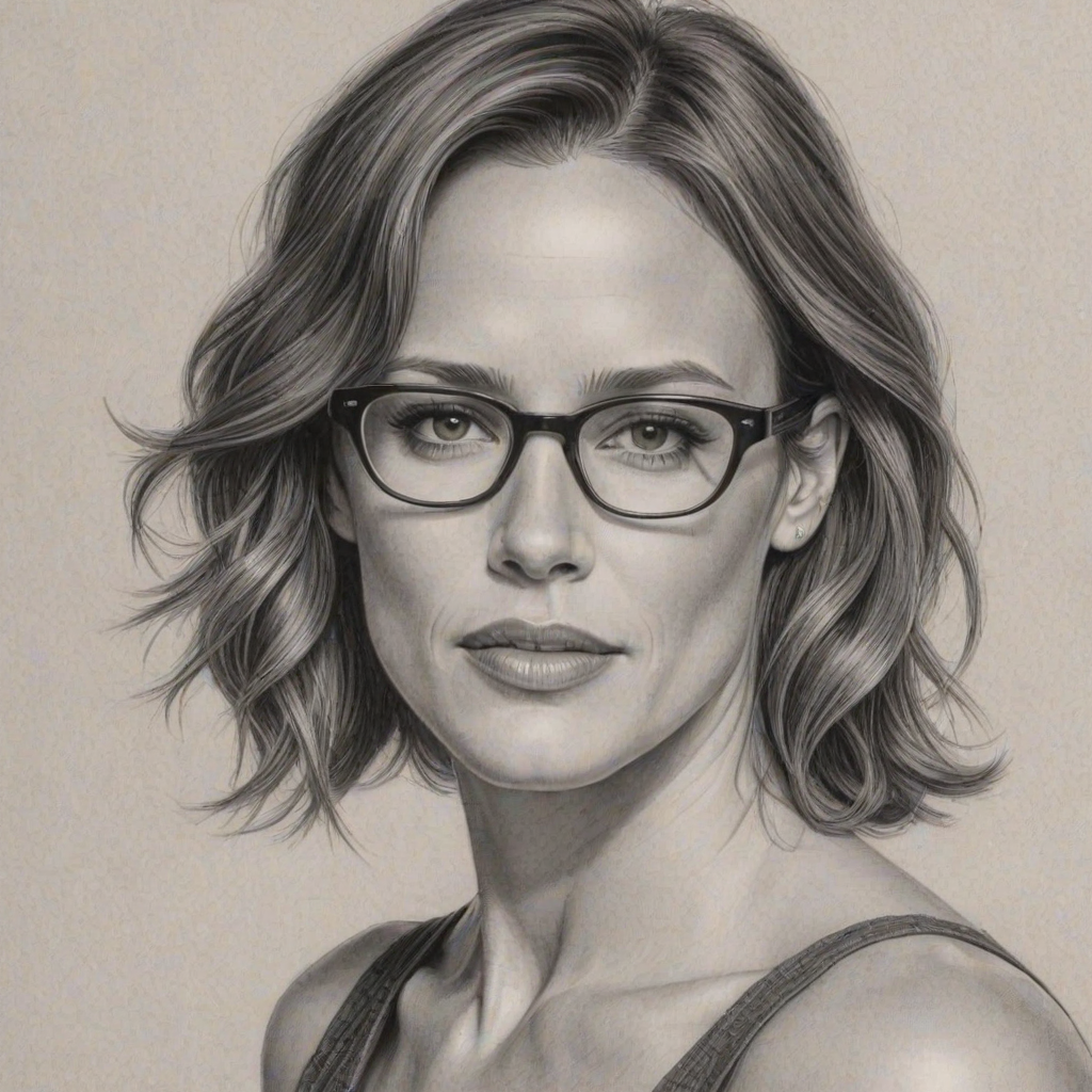 Bewitching Jennifer Garner, pencil sketch, portrait of Gorgeous woman 1933s in glasses, hair style beatnik, outline, clear lines, fine lines, 8k