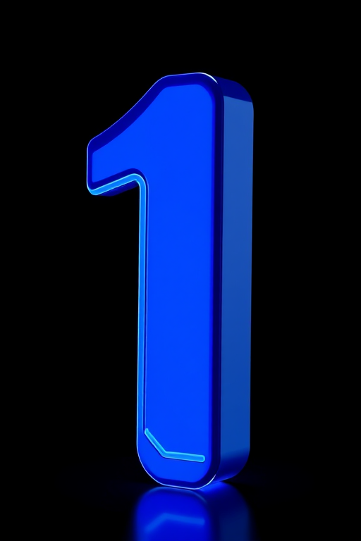 Create a 3D representation of the number one in a futuristic style with a glossy blue finish, illuminated with soft ambient lighting, captured with a DSLR camera at f/2.8 aperture, 50mm lens, ISO 100, in a studio with a black backdrop for high contrast and clarity.