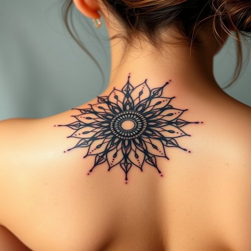 Intricate dotwork body tattoo portraying a detailed mandala sun design on the upper back, created entirely with tiny black dots for a mesmerizing texture and depth