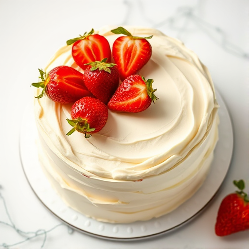 Generate a high-resolution image of a decadent white chocolate cake topped with fresh strawberries, using a Canon EOS 5D Mark IV camera, aperture f/2.8, shutter speed 1/60s, ISO 100, with a soft focus background, shot from a top-down view.
