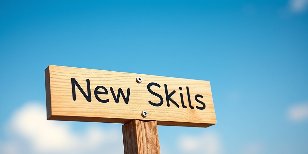 Create an image of a wooden signpost reading "New Skills" with a blurred blue sky background, using a DSLR camera, f/2.8 aperture, 50mm lens, ISO 100, and a shallow depth of field to enhance the focus on the sign.