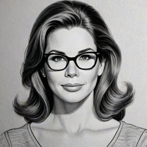 Charming Melissa Gilbert, pencil sketch, portrait of Delightful woman 1965s in glasses, hair style beatnik, outline, clear lines, fine lines, 8k