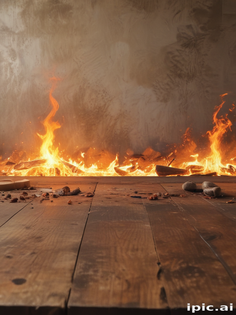 Intense Flames Dancing Over a Rustic Wooden Floor in a Dim Room