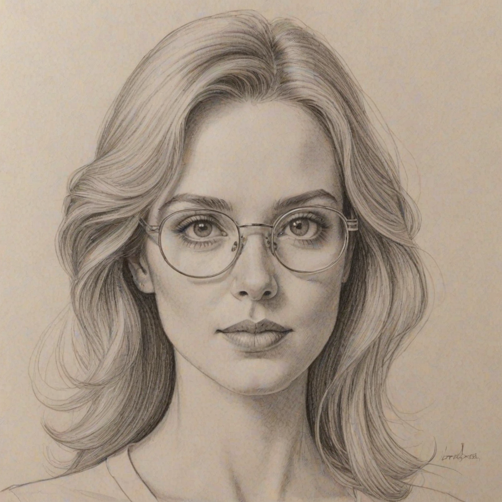 Fetching Kaitlyn Doubleday, pencil sketch, portrait of Dazzling woman 1976s in glasses, hair style beatnik, outline, clear lines, fine lines, 8k