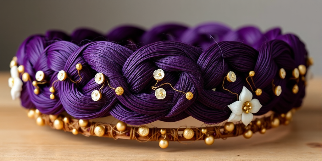 Regal deep purple crown braid called "Royal Plait" interwoven with delicate gold threads and adorned with miniature floral embellishments