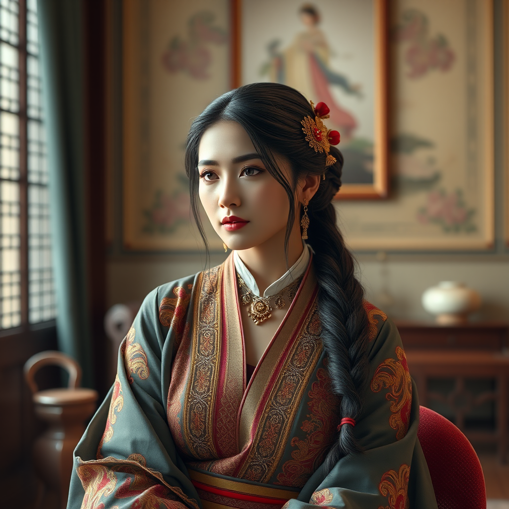 A beautiful Armenian woman in traditional East Asian attire, intricately detailed with embroidered patterns, sitting gracefully in a richly decorated room, soft ambient lighting, serene and elegant, ultra-realistic, 8K resolution