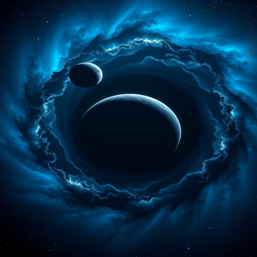 Generate a cosmic scene featuring a large planet and a smaller moon near a black hole with vibrant blue and starry backgrounds, captured with a Canon EOS R5, 24mm lens, f/2.8 aperture, ISO 800, shutter speed 1/250s, in a wide-angle view for enhanced depth and detail.