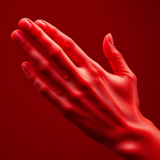 Create an image of a stylized red hand with fingers intertwined, using a DSLR camera with a 50mm lens, aperture set to f/2.8, ISO 100, and shot from a slightly elevated angle for depth and clarity.