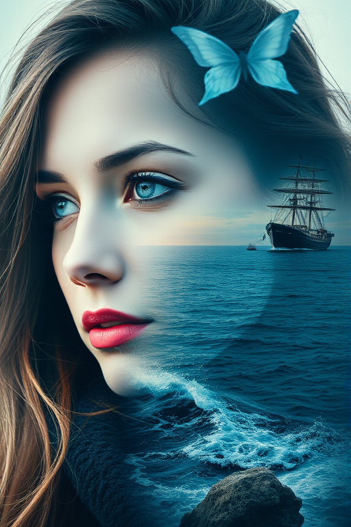 this photo is Book cover, A surreal double exposure portrait that blends a woman's face with a beautiful seascape. The overall mood is dreamy and mystical, with rich colors and intricate details