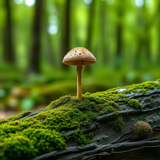 Create an image of a solitary mushroom growing on a moss-covered log in a forest, with a soft focus background of trees.
