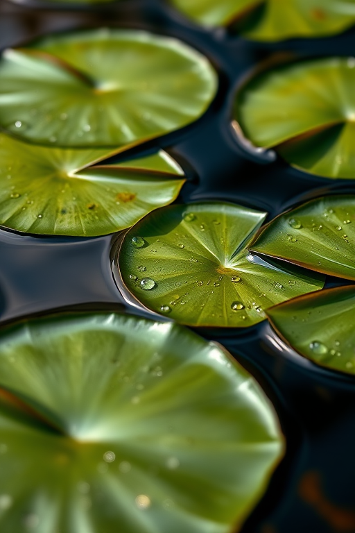 Capture a close-up image of water lily leaves floating on still water, with droplets of water on the leaves, using a Canon EOS R5 with a 50mm f/1.2 lens, aperture set at f/2.8, ISO 100, and a shutter speed of 1/250s, in natural light for enhanced clarity and detail.
