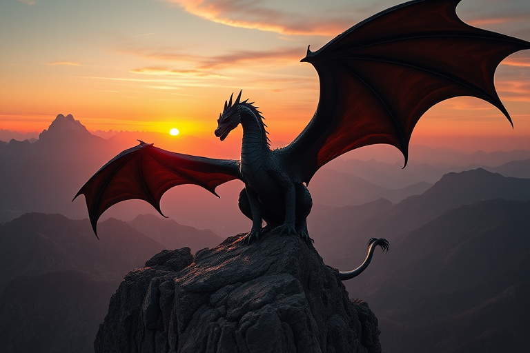 Create a high-resolution fantasy image of a powerful black dragon perched on a rocky cliff with mountains in the background during sunset, using a Canon EOS R5 camera at f/2.8, ISO 100, 1/500 sec, with a wide-angle lens at 24mm for dramatic depth of field and vibrant colors.