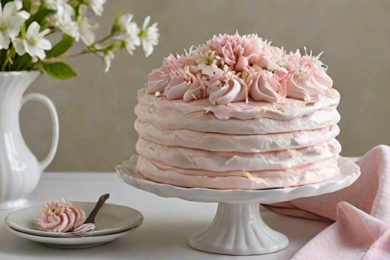 Create an image of a layered cake with soft pink meringue layers and fluffy white cream filling. The cake should be decorated with delicate pink flowers and presented on a decorative white cake stand. Include a simple white vase with a branch of blossoms in the background and a soft, textured fabric draped nearby. The overall atmosphere should be elegant and inviting.