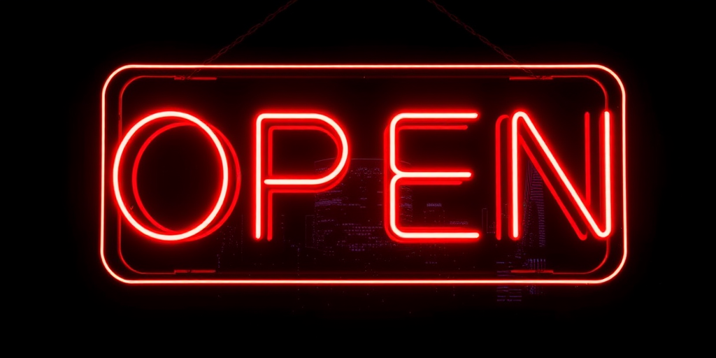 regenerate a neon "OPEN" sign glowing against a dark background with a city skyline silhouette, shot with a DSLR camera, 50mm lens, aperture f/1.8, ISO 100, 1/60 sec exposure, in low light conditions.