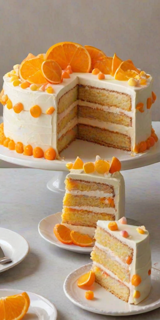 Create an image of a layered cake with a light orange mousse filling and a vanilla sponge base. The cake should have a smooth orange frosting on top, decorated with dollops of whipped cream and orange candy pieces arranged around the edge. Show a slice of the cake cut out, revealing the layers inside. The background should be simple and elegant to highlight the cake.