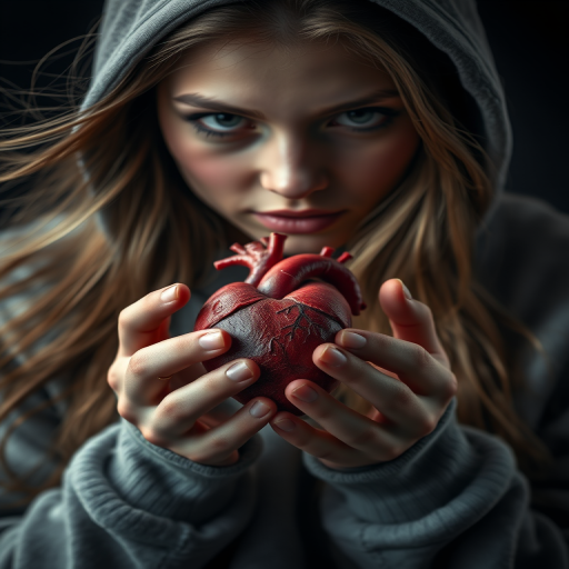 A close-up portrait of a young woman with long, flowing hair wearing a hooded sweatshirt, gently holding a human heart in her hands, dramatic lighting with a dark, moody background; camera settings: ISO 100, f/2.8, 1/125s; camera view: eye level; camera style: portrait; camera type: DSLR.