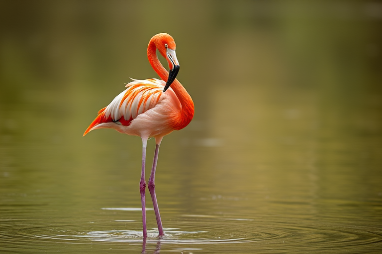 Flamingo standing in water, captured with a DSLR camera at 200mm focal length, f/5.6 aperture, ISO 100, natural sunlight, shallow depth of field, vibrant colors, focus on the bird and soft background.