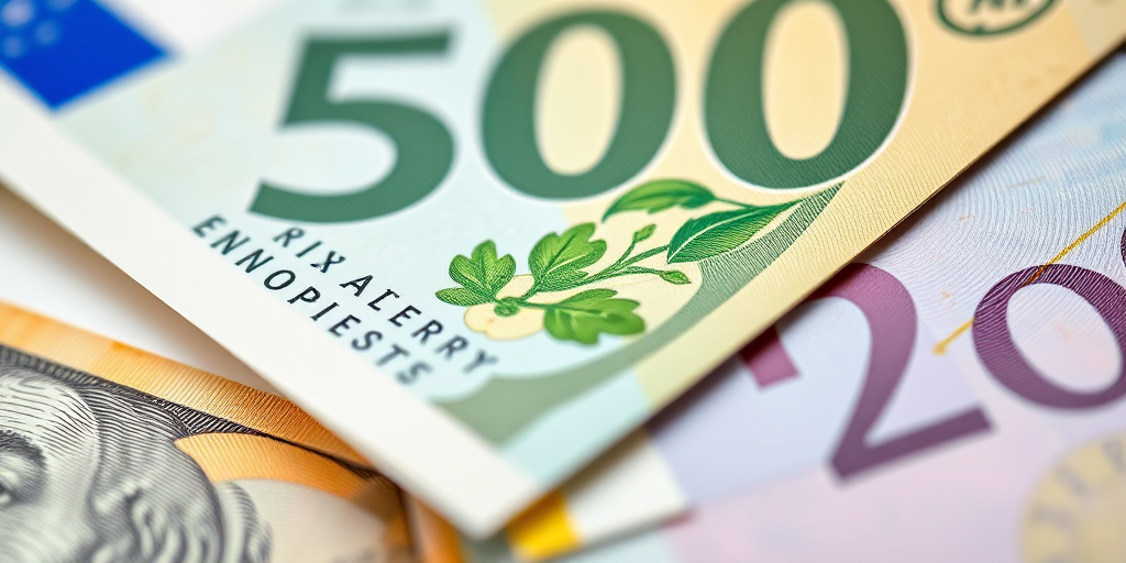 Close-up of a fifty-dollar bill and euro notes, shot with a DSLR camera, aperture f/2.8, shutter speed 1/125s, ISO 100, natural light, macro lens for enhanced detail, shallow depth of field.
