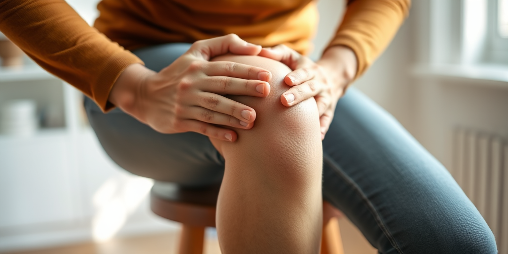 Close-up of a person sitting on a stool, holding their painful knee, natural light, shallow depth of field, 50mm lens, f/2.8, ISO 100, shutter speed 1/200s, soft focus background.