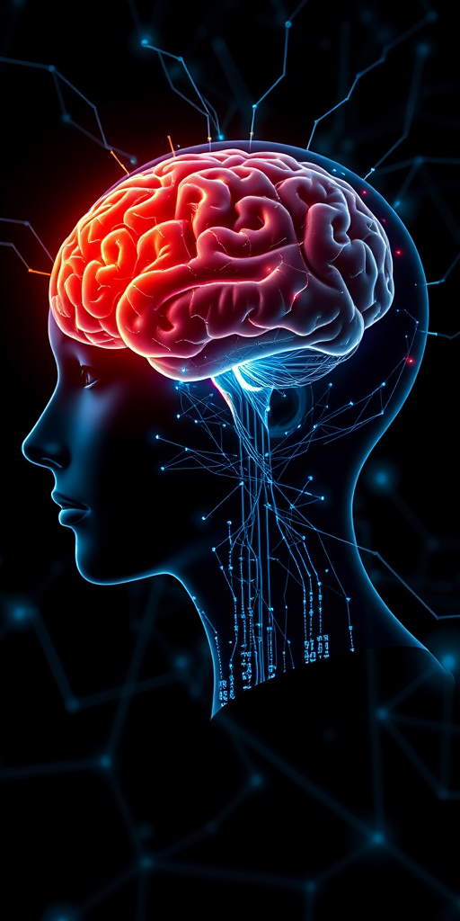 Generate an image of a side profile of a futuristic human head with a glowing brain, surrounded by digital neural networks, captured in high resolution with a 50mm lens at f/1.8 aperture, ISO 100, shot in low light to emphasize contrast and detail.