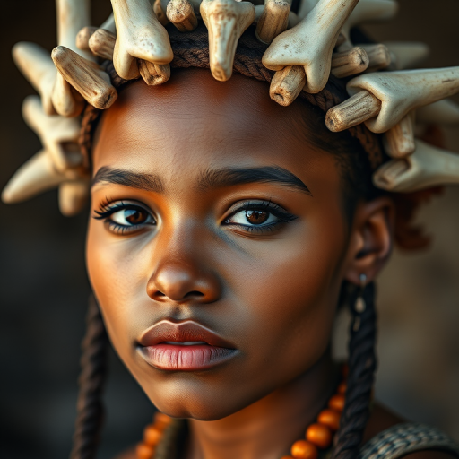 Generate a highly detailed portrait of a young woman with a unique bone headdress, soft lighting, shallow depth of field, 85mm lens, f/1.8 aperture, ISO 100, with a slightly blurred background to enhance facial features and textures.