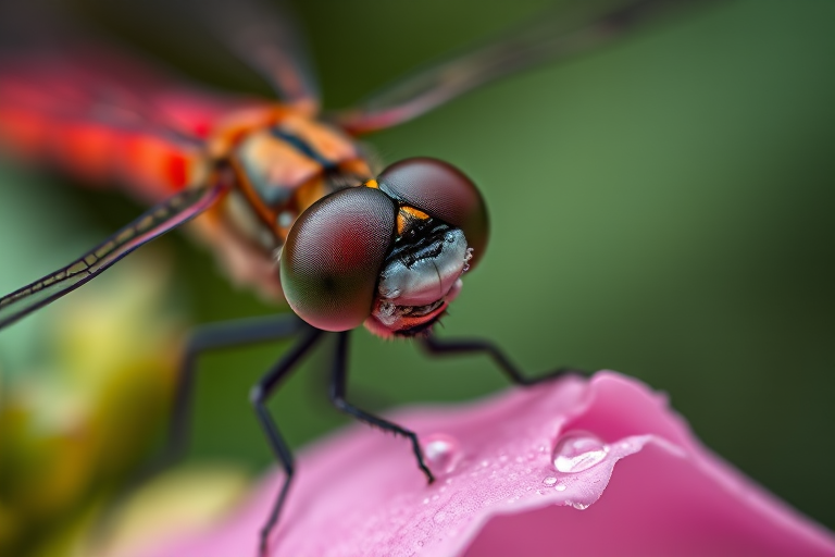 Close-up macro photograph of a dragonfly perched on a pink flower petal with dew droplets, using a Canon EOS 5D Mark IV with a 100mm f/2.8L macro lens, aperture f/4, shutter speed 1/200 sec, ISO 200, natural light, focus on the eyes and intricate details of the dragonfly.