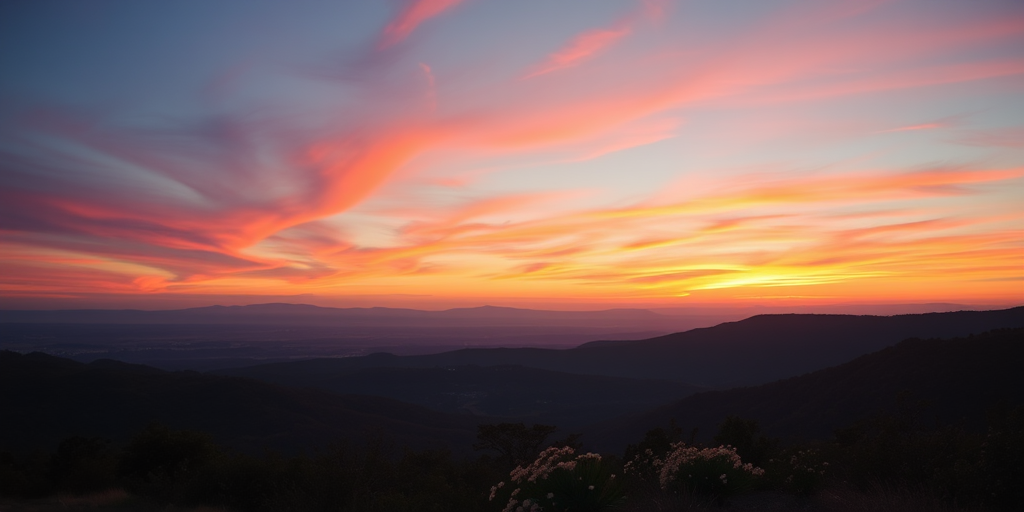 Create an image of a scenic landscape at sunset with vibrant colors and a clear sky, using a Canon EOS R5 camera with an 85mm f/1.2 lens, aperture set to f/8, ISO 100, and shutter speed of 1/200s, capturing a wide-angle view.