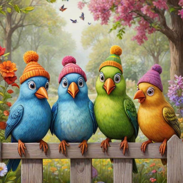 create a scene of 4 quirky  whimsical colourful comical birds each with a funny expression. they are sat on a wooden fence with colourful flowers. they are all different sizes. each one is a different colour  one is wearing a woolly hat. Each one has a different quirky google expression and there is a muted background of trees watercolour paintierly style high definition 8k resolution 3D paper mache