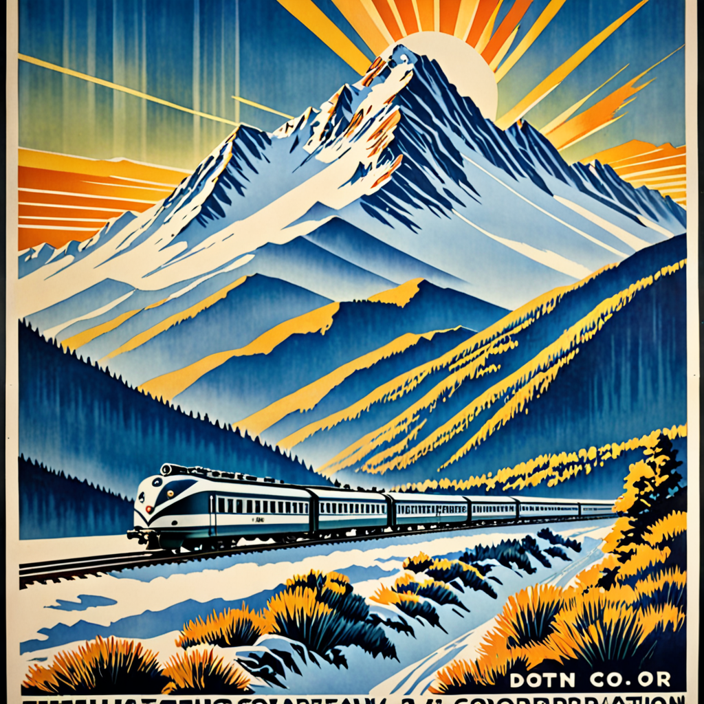 Art deco streamline railway corporation poster mountains snowing sunrise