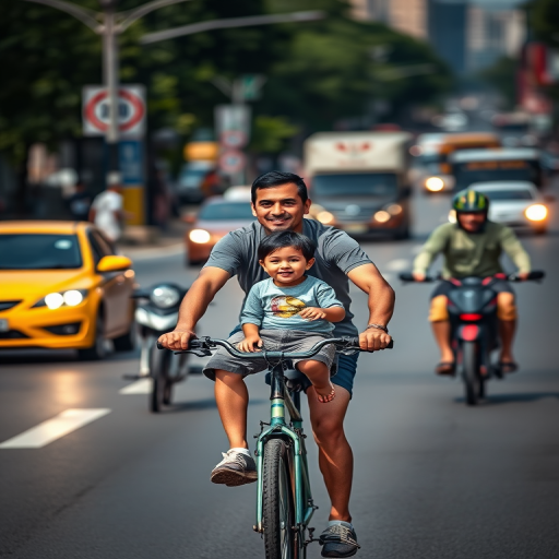 Capture a vibrant street scene of a father cycling with his child on a busy city road, using a DSLR camera with a 50mm lens, aperture f/2.8, shutter speed 1/500s, ISO 200, in natural light for a sharp focus and depth of field.