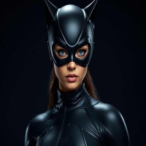 Create a high-resolution image of a confident female character in a sleek black catsuit and mask, with dramatic lighting highlighting her features, using a Canon EOS R5 camera, 50mm lens, f/1.8 aperture, 1/100 sec shutter speed, ISO 100, in a studio setting with a dark, moody background for enhanced detail and depth.