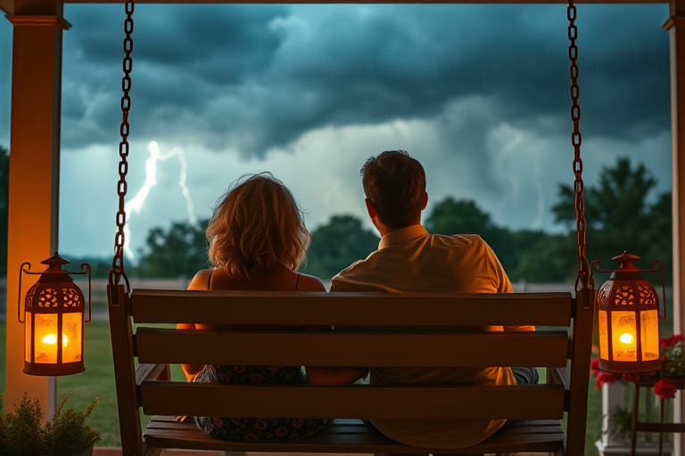 Warmly lit image of a couple sitting on a porch swing, watching a summer storm roll in, soft glow from nearby lanterns casting warm shadows, with the smell of rain in the air.
