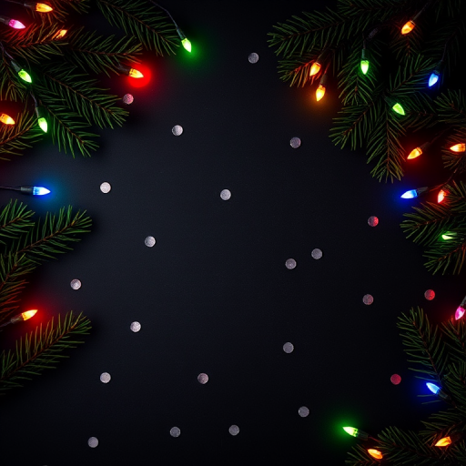 Create an image featuring a dark background adorned with colorful Christmas lights and pine branches. Include small round confetti pieces scattered across the scene to enhance the festive atmosphere. The composition should have a balanced arrangement of the branches and lights, creating a cozy holiday feel.