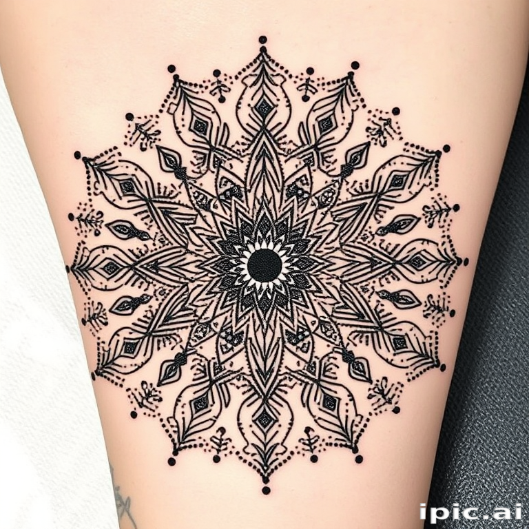 Dotwork mandala tattoo named "Cosmic Convergence" featuring intricate geometric patterns radiating from a central point, with gradual transitions from fine dots to solid blackwork