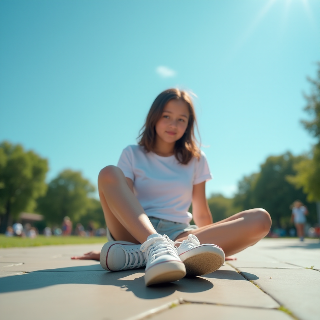 Generate an ultra-realistic, highly detailed, high-definition photograph. It's a photo of a girl sitting on the floor. She's looking at the horizon. The photo is taken from the bottom up, at ground level. The girl's sneakers are in the foreground, in the center of the scene. The girl is wearing light clothes, a t-shirt and short shorts. The sky is blue. Bright environment. The background is a blurred image of a park.