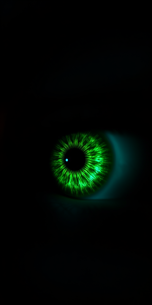 Create a high-resolution close-up image of a mysterious green eye in the dark, using a DSLR camera with a 50mm lens, aperture set to f/1.8, ISO 100, and a shallow depth of field for enhanced focus.