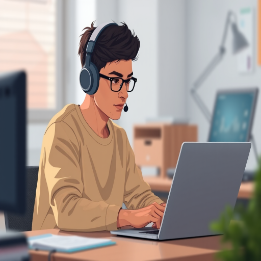 Create a digital illustration of a young man sitting at a desk, wearing headphones and focused on a laptop, use a shallow depth of field for background blur, shot with a Canon EOS R, 50mm lens, f/1.8 aperture, soft natural lighting.