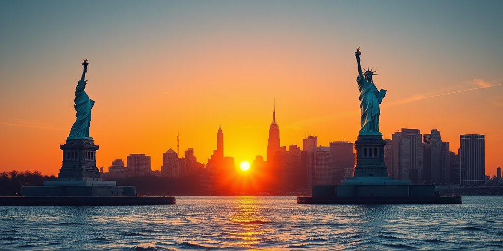 Create a vector-style illustration of the Statue of Liberty and the New York City skyline at sunset, using a Canon EOS 5D Mark IV with a 24-70mm lens, f/11 aperture, ISO 100, shot from a vantage point across the water for a dynamic perspective.