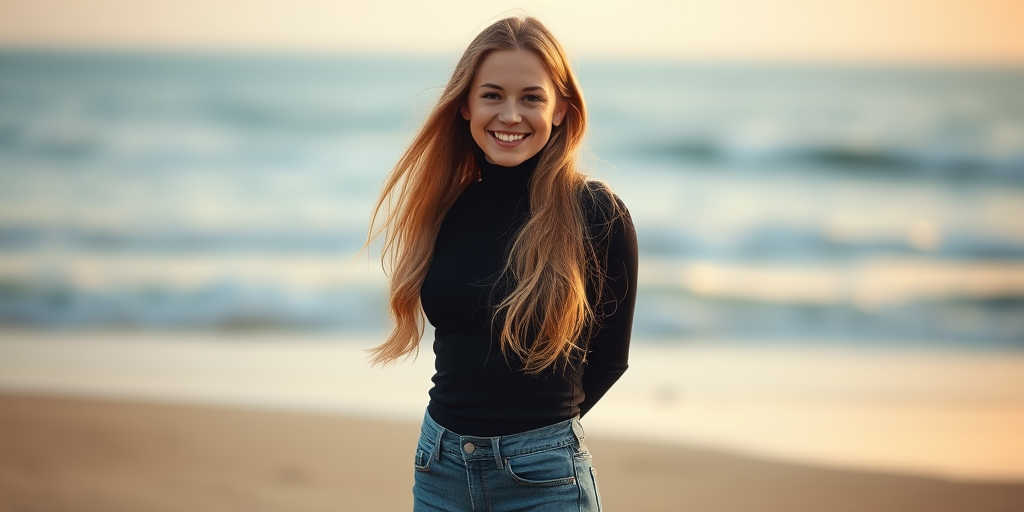 a young woman standing in the center of the frame, directly facing the viewer with a warm smile on her face, her long, blonde hair cascades down her back, styled in loose waves, she is a black turtleneck and a pair of jeans,  in the background, a blurred beach scene unfolds, with soft lighting that creates a serene atmosphere, the woman's body is positioned in a relaxed pose, with her weight evenly distributed on both feet, the overall effect is one of tranquility and natural beauty, inviting the viewer to step into her serene world