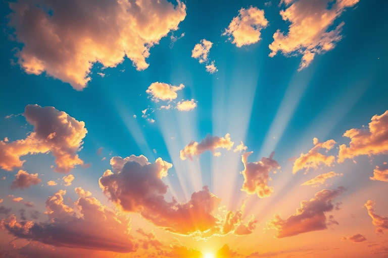 generate a vibrant sunset sky filled with fluffy clouds, golden sunlight streaming through, using a Canon EOS R5 camera with a 24mm lens, aperture set to f/8, ISO 100, and a wide-angle view for enhanced depth in colors.