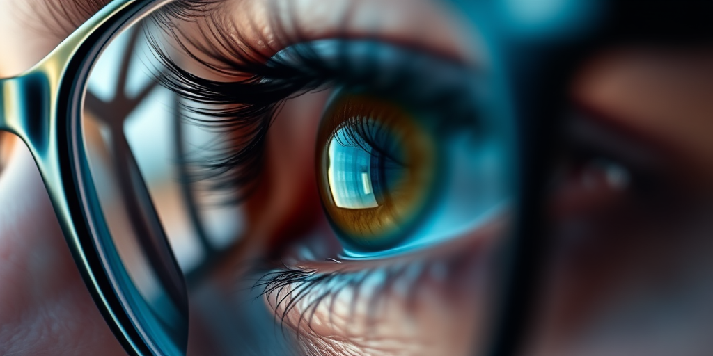 High-resolution close-up of an eye with digital code reflected in glasses, shallow depth of field, 50mm lens, f/1.8 aperture, 1/200s shutter speed, ISO 100, soft bokeh background.