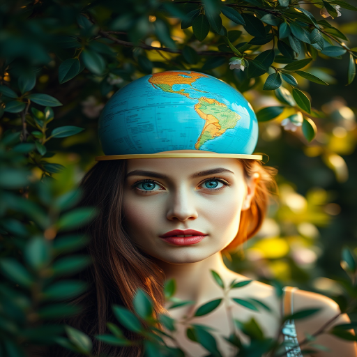 Create an ethereal portrait of a woman with a globe on her head, surrounded by lush greenery, soft focus, f/1.8 aperture, ISO 100, with a 50mm lens, natural lighting, and a high dynamic range for enhanced color depth.