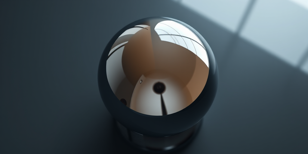 Create a high-resolution 3D render of a glossy spherical object with a reflective surface, using a Canon EOS 5D Mark IV, 50mm lens, aperture f/1.8, ISO 100, and soft lighting from a high-angle view to enhance detail and depth.