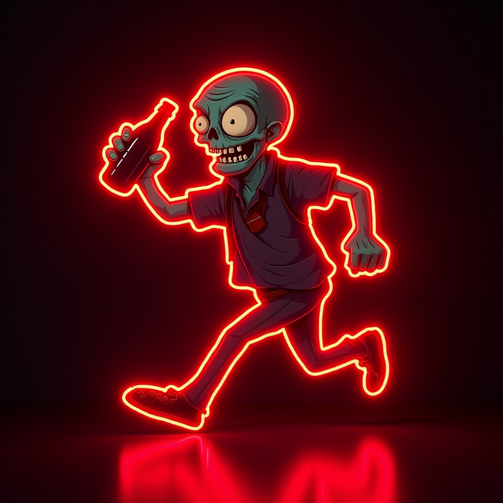 Create an image of a neon sign featuring a cartoon-style zombie in a dynamic pose, holding a bottle. The neon sign should glow in red against a dark background, making the character stand out prominently. The character should appear to be running, capturing attention with its vibrant color and action pose, perfect for advertising or decorative purposes.