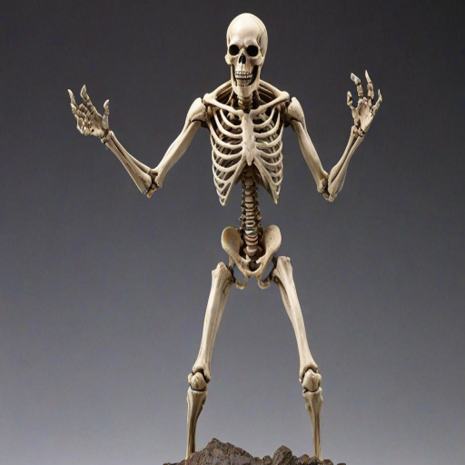 dynamic pose, angular patterns, horror theme. The skeleton is a formidable figure with a grinning skull, worn look, well-defined muscles., clawed feet and has a muscular, depicted in a realistic, with a menacing expression featuring sharp