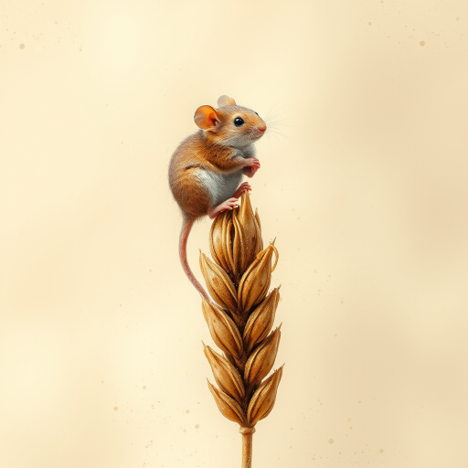 Soft, muted Alcohol Ink with ebru effect background image of tiny whimsical mousey, who climbed high on the top of a golden rye ear.