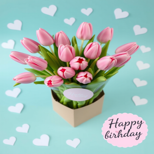 A bouquet of pink tulips in a brown cardboard box with green leaves against a teal background surrounded by white hearts and a small pink and white sticker, with the words Happy birthday in elegant black script.