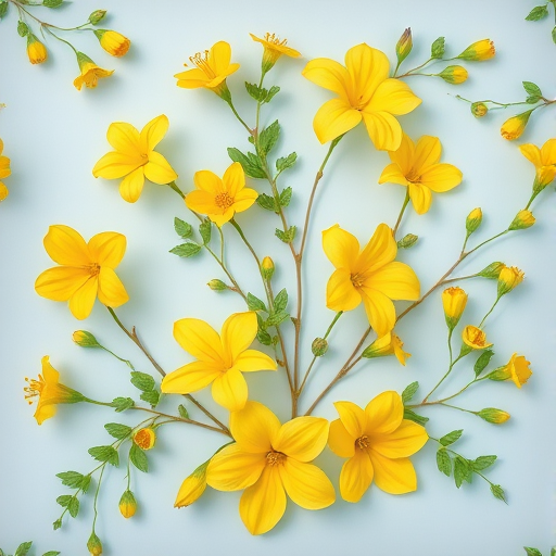 Create a vibrant floral pattern featuring yellow flowers and delicate green leaves against a soft blue background, photographed with a DSLR camera at f/8 aperture, 50mm lens, ISO 200, in bright natural light for enhanced color saturation and detail.