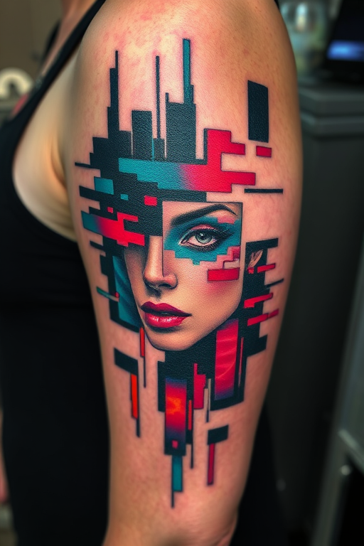 Glitch art inspired tattoo named "Digital Distortion" depicting a fragmented and distorted image with pixelated elements and color shifts to create a unique technological aesthetic